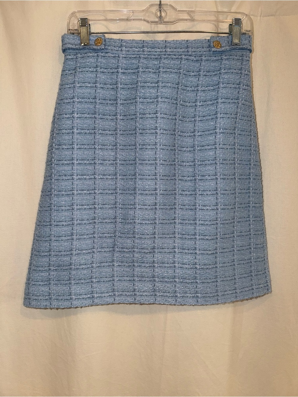 LK Bennett Powder Blue Tweed A-Line Skirt with Gold Buttons